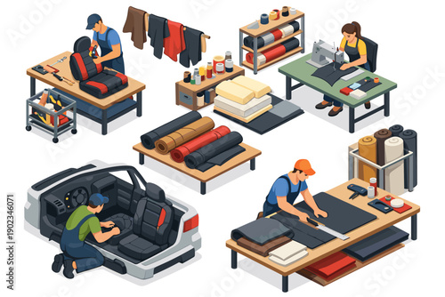 Automotive upholstery workshop with workers crafting car seats and interior details
