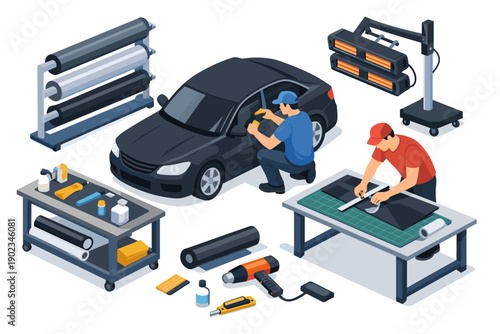 Car detailing professionals applying vinyl wrap and tinting windows with specialized tools