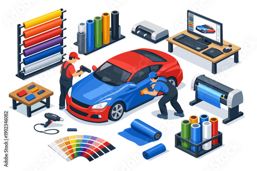 Car wrapping process with vinyl films, tools, and equipment for customization
