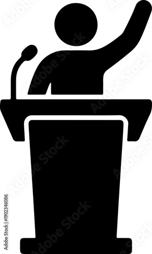 Black vector icon of a speaker at a podium with raised hand, public speaking, presentation, isolated on white