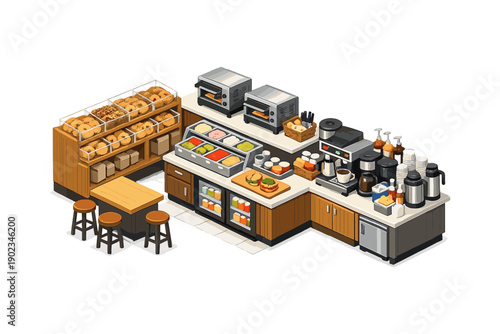 Isometric view of a cozy cafe counter with baked goods, coffee, and sandwich ingredients