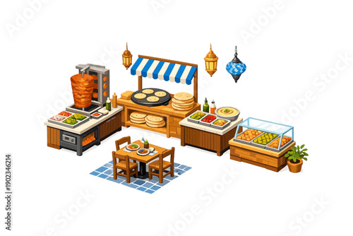 Isometric illustration of a Middle Eastern food stall with shawarma, falafel, and hummus