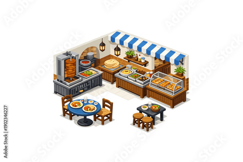 Isometric illustration of a Middle Eastern restaurant with shawarma grill and food display