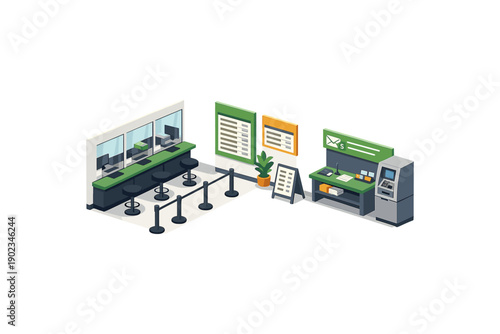 Isometric post office interior with service counters, queue, and ATM machine