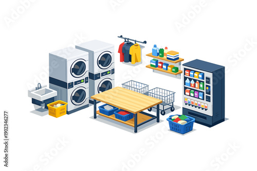 Isometric illustration of a modern laundromat with washing machines, dryers, and vending machine
