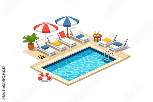Relaxing poolside scene with lounge chairs, umbrellas, and refreshing drinks