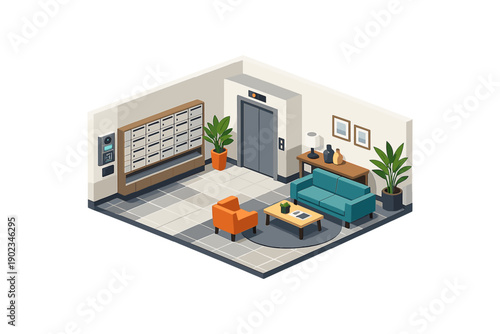 Isometric view of a modern apartment building lobby with mailboxes and elevator