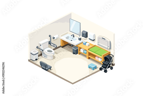 Accessible family restroom with changing table, toilet, sink, and stroller parking