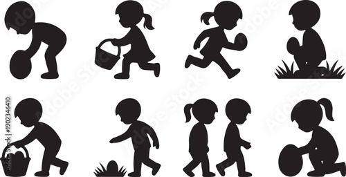 Group of black silhouette children searching for Easter eggs and carrying baskets during a hunt