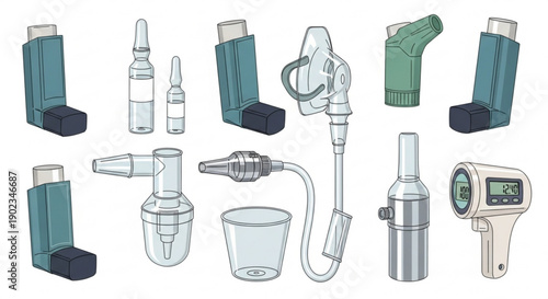 Medical inhalers and respiratory devices for asthma treatment various types and designs illustration