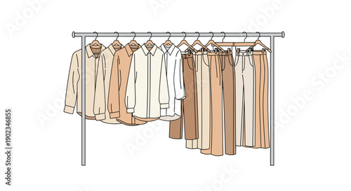 Neatly Organized Clothing Hanging on a Minimalist Rack in a Modern Closet for Orderly Apparel Storage.