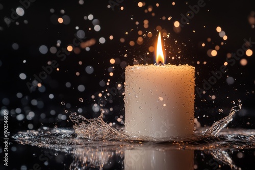 Burning Candle Splashing Water in Dramatic Lighting