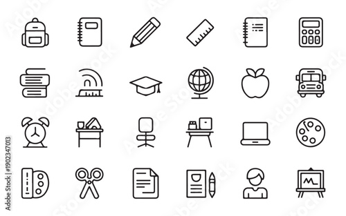 Thin line school and education icons pack with backpack, books, pencil, ruler, notebook, calculator, globe, bus, apple, alarm clock