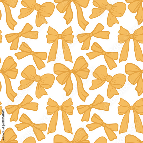 Seamless pattern with hand-drawn orange bows in cute doodle style. Background in flirty style for wrapping paper, textile print or holiday decor, vector illustration. 
