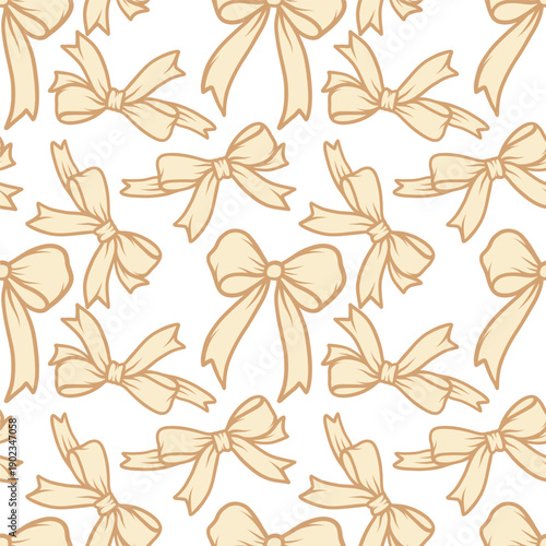 Seamless pattern with hand-drawn bows in cute doodle style. Background in flirty style for wrapping paper, textile print or holiday decor, vector illustration. 