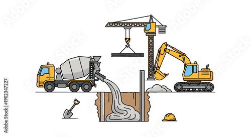 Active Construction Site with Concrete Mixer Truck Excavator and Tower Crane for Infrastructure Development.