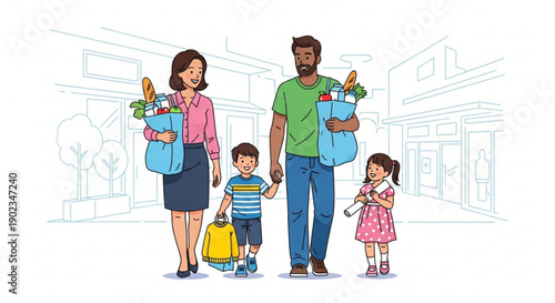 Happy family with kids shopping walking down street with grocery bags and luggage