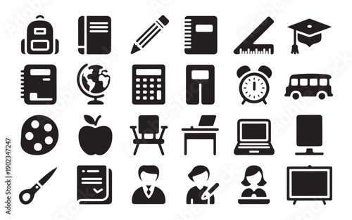 Educational solid icons bundle featuring essential classroom tools and student equipment for academic projects