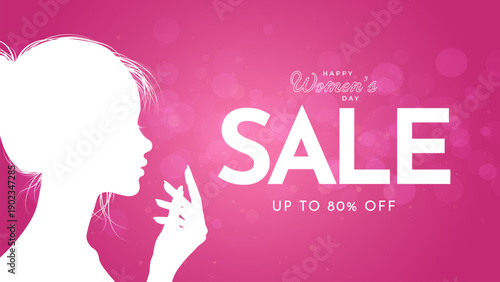 Women's Day Sale commercial banner for International Women's Day. Women's Day big sale promotional banner with pink background.