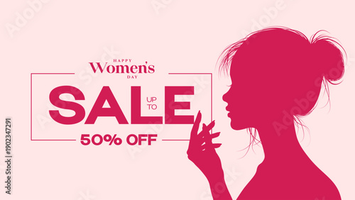 Women's Day Sale commercial banner for International Women's Day. Women's Day big sale promotional banner with pink background.