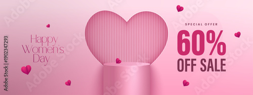 Women's Day Sale commercial banner for International Women's Day. Women's Day big sale promotional banner with pink background.