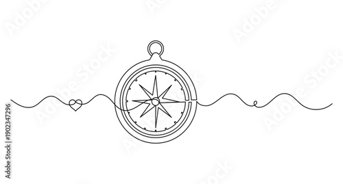 Single line illustration of a navigation compass and sea waves on white background
