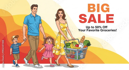 Happy family shopping groceries with big sale discount on favorite items