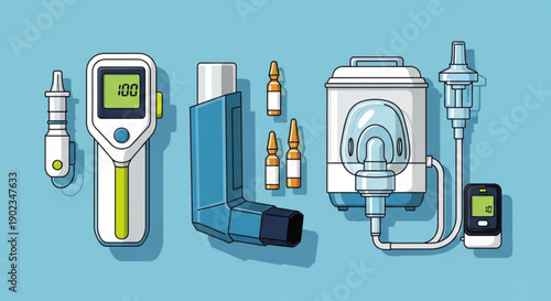 Medical asthma inhaler peak flow meter and nebulizer with medication for respiratory health on blue background