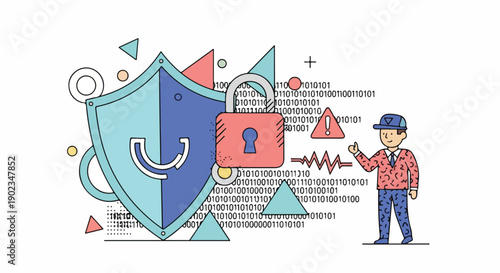 Cybersecurity and Data Protection Illustration: Digital Security Shield, Padlock, and User Protecting Online Information and Privacy.