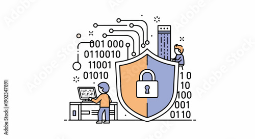 Illustrative Concept of Cybersecurity and Digital Data Protection, Featuring People, a Shield with Padlock, and Binary Code for Online Safety