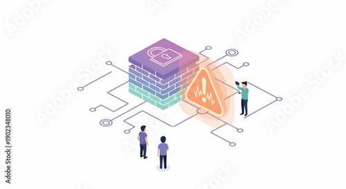 Digital security concept with firewall, lock icon, warning symbol, and network connections, cybersecurity illustration