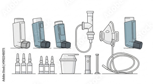 Asthma inhaler and nebulizer medical equipment set with tubes and masks for respiratory treatment