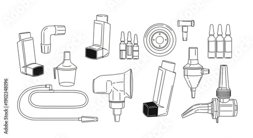 Collection of various medical nebulizer components and accessories for respiratory treatment