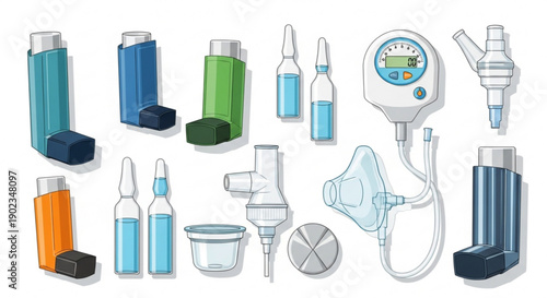 Asthma inhalers and respiratory medical equipment for breathing treatment on white background