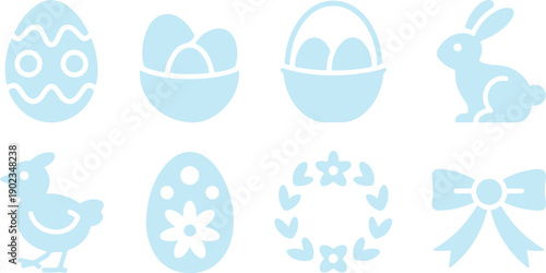 Set of light blue Easter themed icons depicting eggs bunnies chicks and wreaths