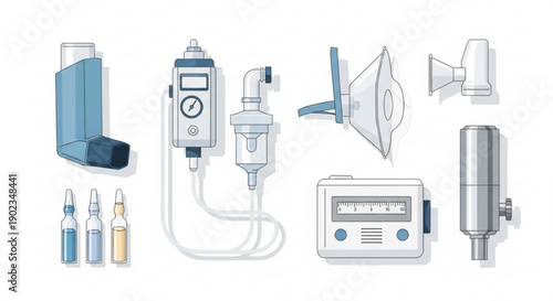Medical respiratory equipment and inhalers for asthma treatment on a white background