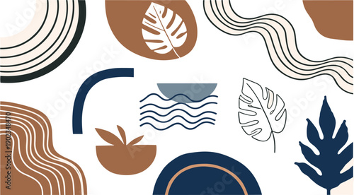 Abstract modern botanical pattern with geometric shapes and tropical leaves minimalist boho style seamless vector background illustration