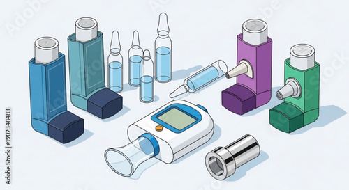 Medical inhalers and respiratory devices for asthma treatment on white background