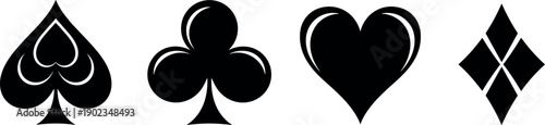 Playing card suit icons silhouette set, spade club heart diamond symbols, casino poker vector illustration, minimalist gambling design elements collection