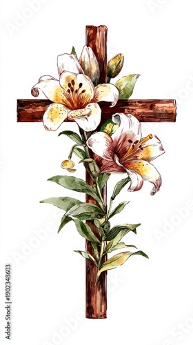 Watercolor Painting of a Wooden Cross Adorned with Beautiful Lilies
