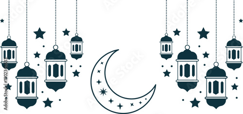 Elegant lanterns and crescent moon surrounded by stars in a decorative design, lanterns, crescent, moon, stars, design, traditional, decorative, art, cultural, symmetrical, elegant, illumination