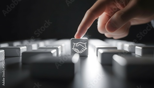 A poised hand delicately presses a button bearing the handshake symbol, symbolizing the pivotal moment of a deal, decision, agreement or collaboration