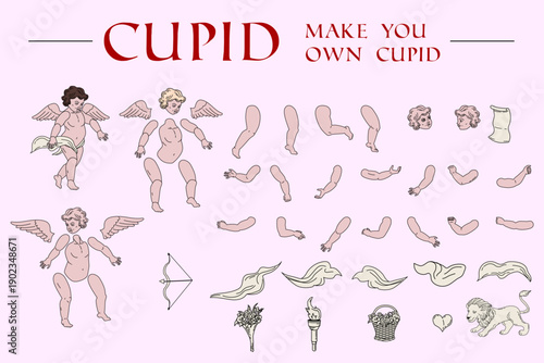 Hand drawn vintage Cupid set character constructor