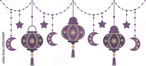 Elegant purple celestial-themed hanging lanterns with crescent moons and stars decoration, lanterns, decorative, purple, celestial, moons, stars, hanging, festive, tassels, ornament, elegant