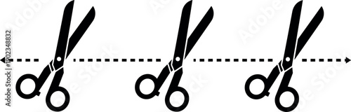 Scissors silhouette illustration, cut line vector, coupon design artwork, craft template sketch, black and white scissors icon, instructional cutting graphic