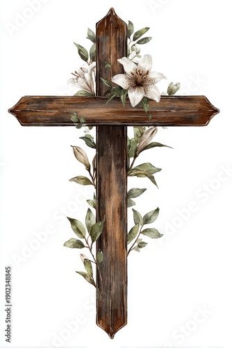 Rustic Wooden Cross Adorned with Elegant White Lilies and Greenery
