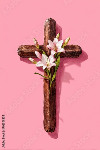 Rustic Wooden Cross Adorned With Elegant White Lilies Against Pink