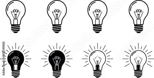 Light bulb icon set vector illustration collection of lamp symbols for idea, solution, electricity, and innovation concept design elements.