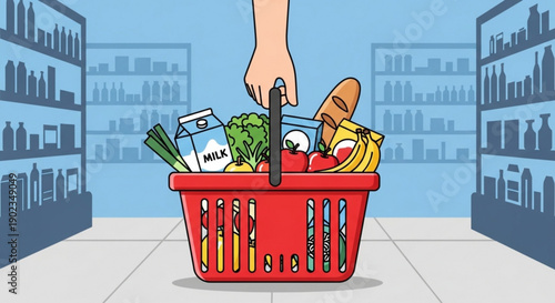 Person shopping with a red basket full of fresh food and groceries in a supermarket aisle with shelves