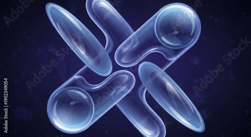 Glowing blue translucent shapes intersect on dark background abstract design